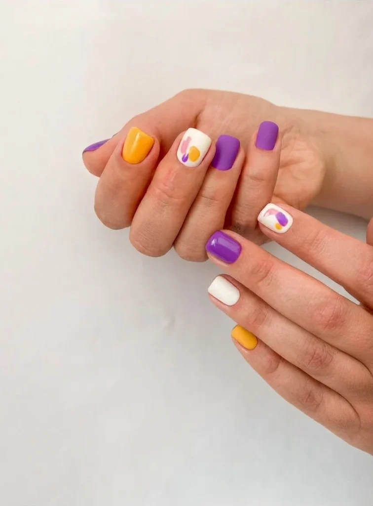 Main aux ongles décorés de motifs graphiques violets, jaunes et blancs