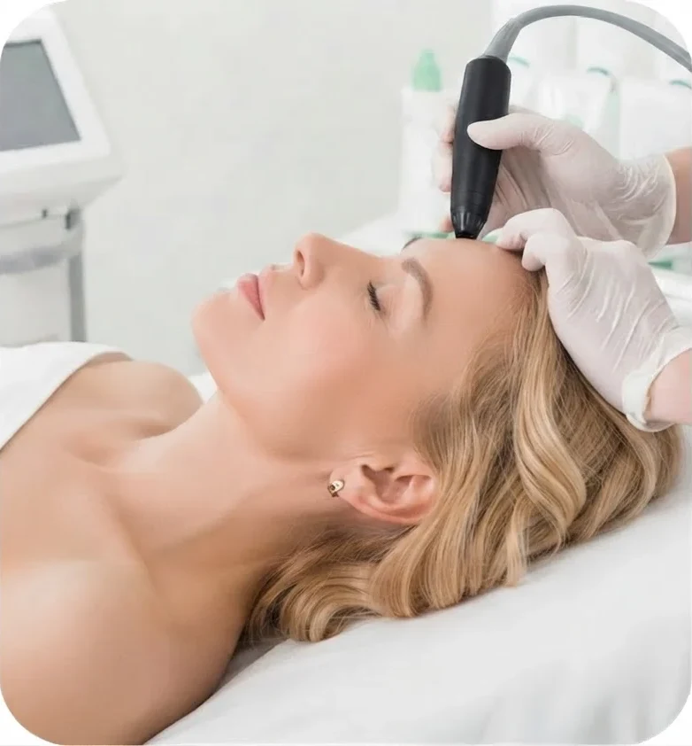 Cliente allongée, yeux fermés, pendant une séance de Luxopuncture® sur le visage