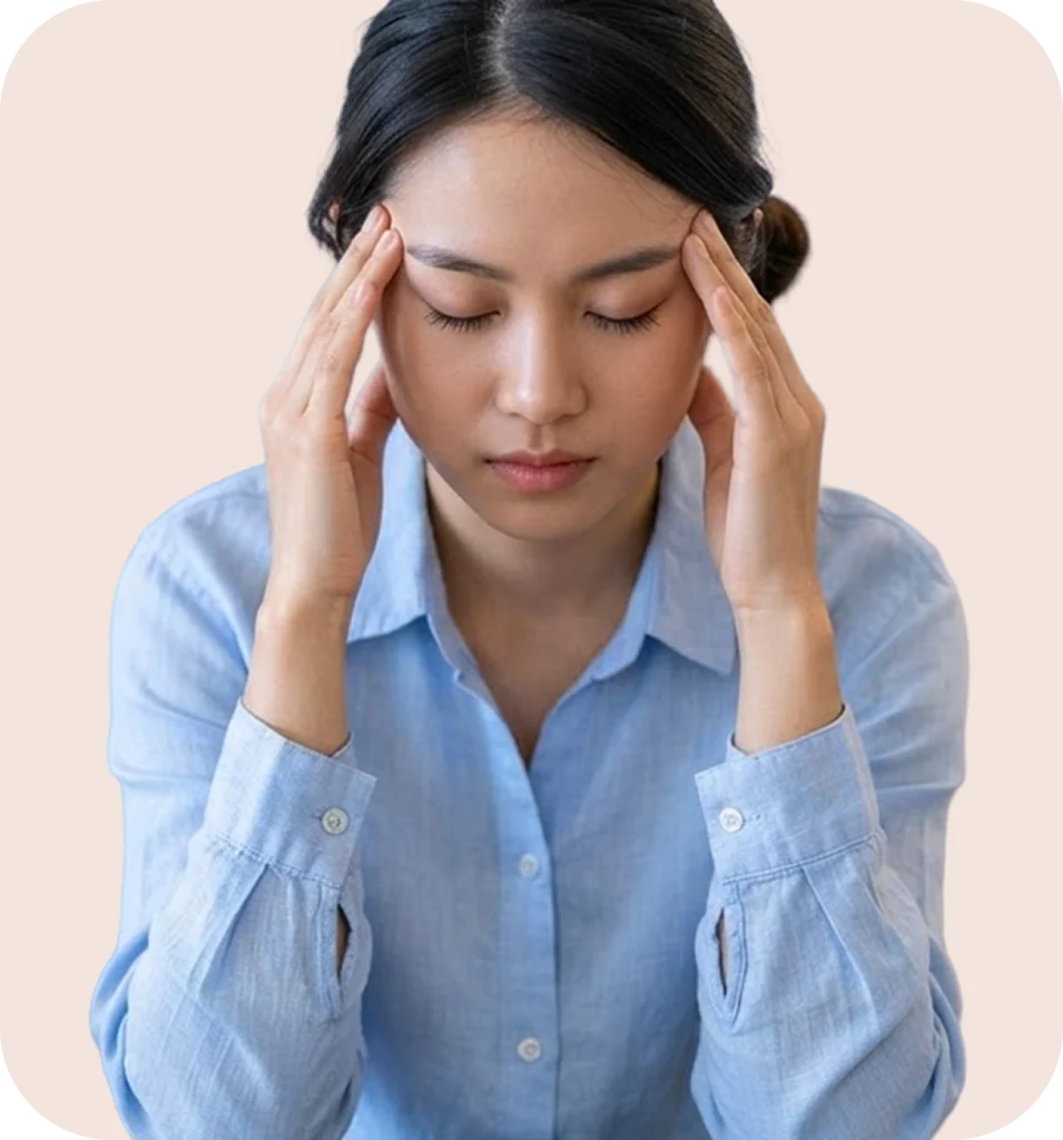 Femme en chemise bleue, les yeux fermés, les doigts posés sur les tempes